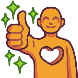  A person with the a heart-shaped hole in their chest. They have a happy/satisfied expression and are giving a thumbs up. There are green sparkles around their hand. 